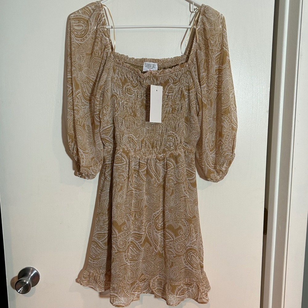 Sienna Sky Mustard Paisley Smocked Mini Dress Long Balloon‎ Sleeve Ruffle Hem M